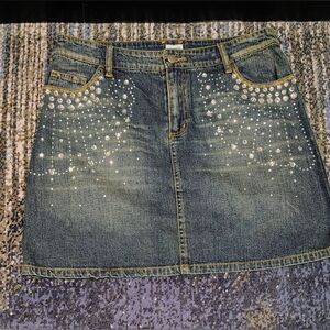 VTG Crystal Embellished Starburst Bedazzled Denim Mid-rise Mini Skirt Sz M Cache